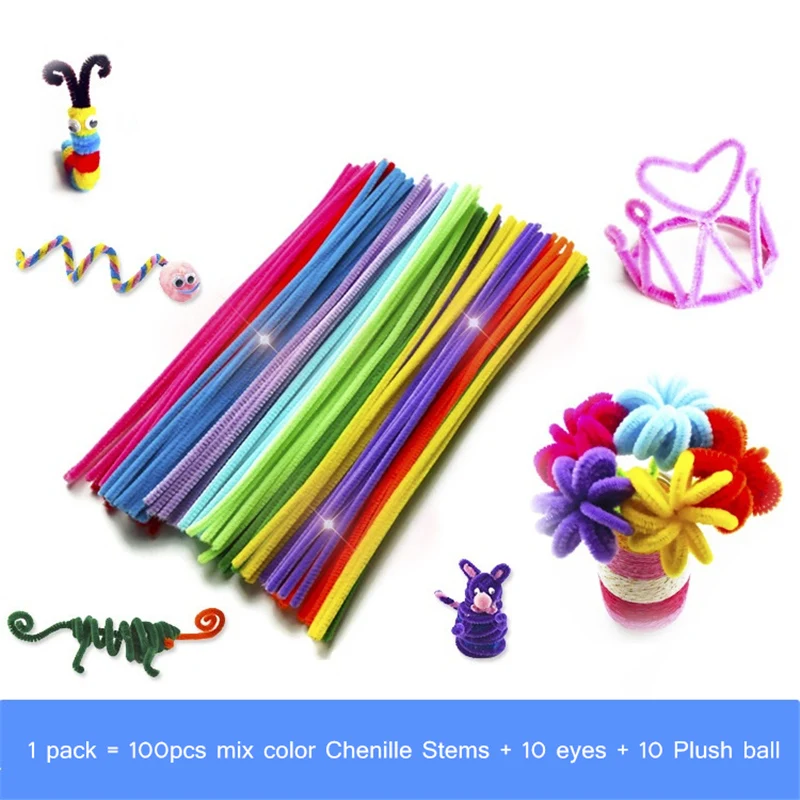 

Free Shipping Chenille Stems Material Package, Mix Color 100pcs Chenille Stems with 10 Eyes 10 Plush Balls