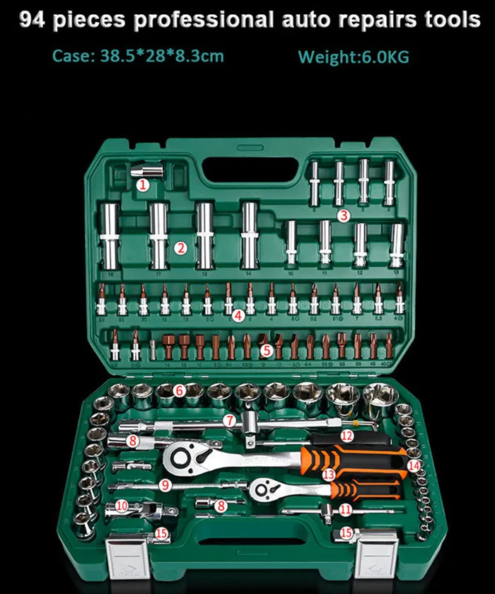 Универсальный бытовой Автомобильный ремонтный набор инструментов с пластиковым ящиком для инструментов, чехол для хранения, гаечный ключ, отвертка, набор ручных инструментов - Цвет: 94pcs