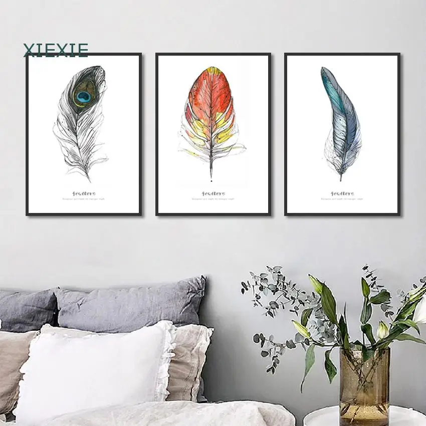 Современная Акварельная птица с принтом павлиньи перья Wall Art минималистское