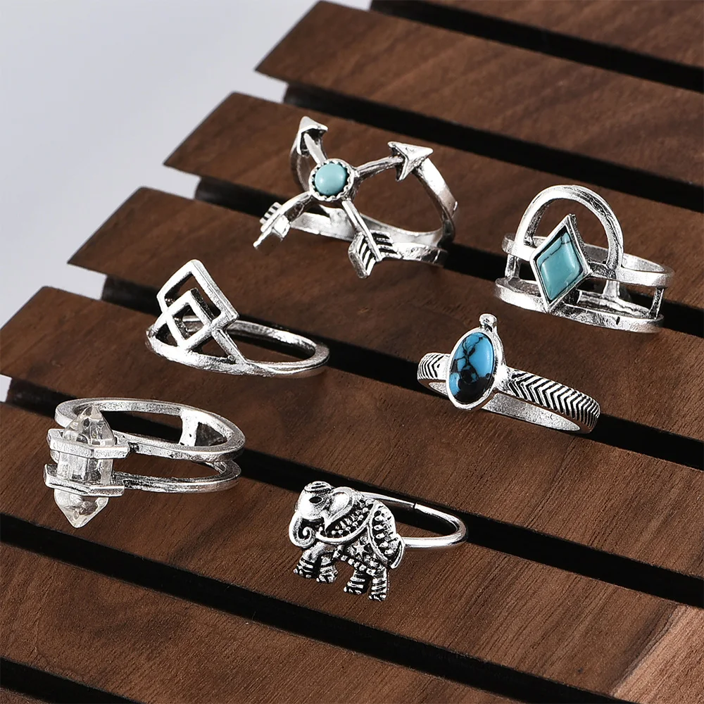 

Ladies Ethnic Style Women Rings Elephant Arrow Blue Crystal Geometric Joint Silver Ring Set Retro Lady Wedding Party Ring Set