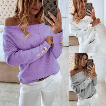 

2019 Autumn New Leisure Blouse Women Casual Off Shoulder Purple Grey Button Long Sleeve Stretch Top Blouse blusas mujer de moda