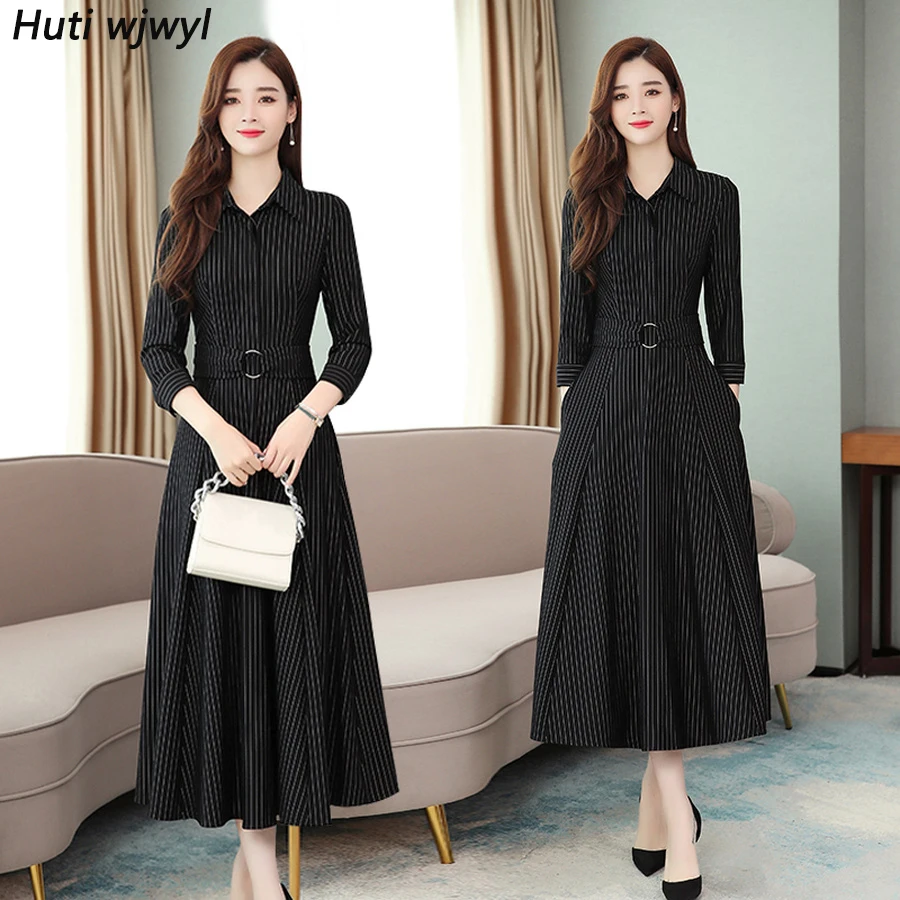 

2019 Vintage Black Striped Midi Dresses Autumn Winter 3XL Plus Size Solid Long Sleeve Maxi Dress Elegant Women Party Vestidos
