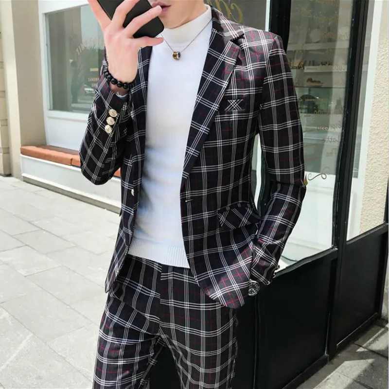 2019 autumn   men's plaid classic  suit 2-piece set (blazer + suit pants) men's fashion single button business casual plaid suit