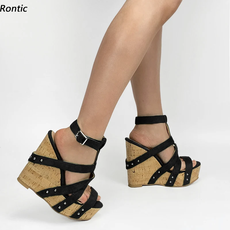 Rontic 2021 Women Gladiator Sandals Studs Platform Buckle Strap Wedges