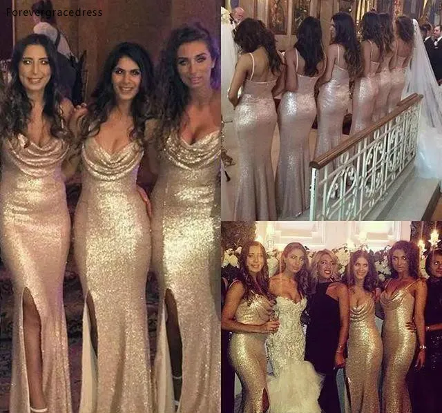Sparkly Rose Gold Cheap 2016 Mermaid Side Split Bridesmaid Dresses Spaghetti Straps Sequins Backless Long Beach Wedding Party Gowns  80 (2)