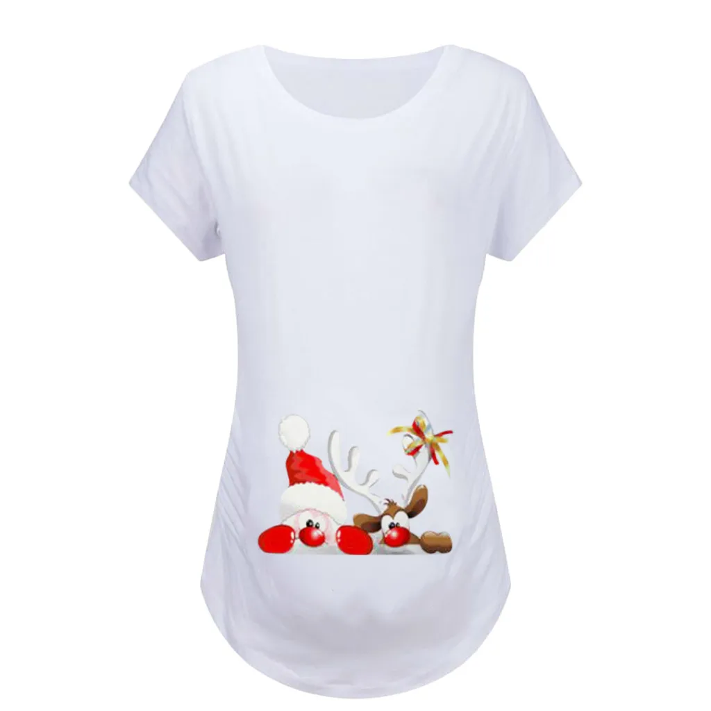 Рождественская Женская одежда для беременных; Новая модная Повседневная рубашка с круглым вырезом и короткими рукавами; блуза с принтом; ropa premama embarazadas
