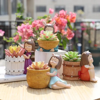 

Cute Cartoon Girl Fleshy Flower Pot Resin Micro Landscape Plant Potted Succulents Planter FP8