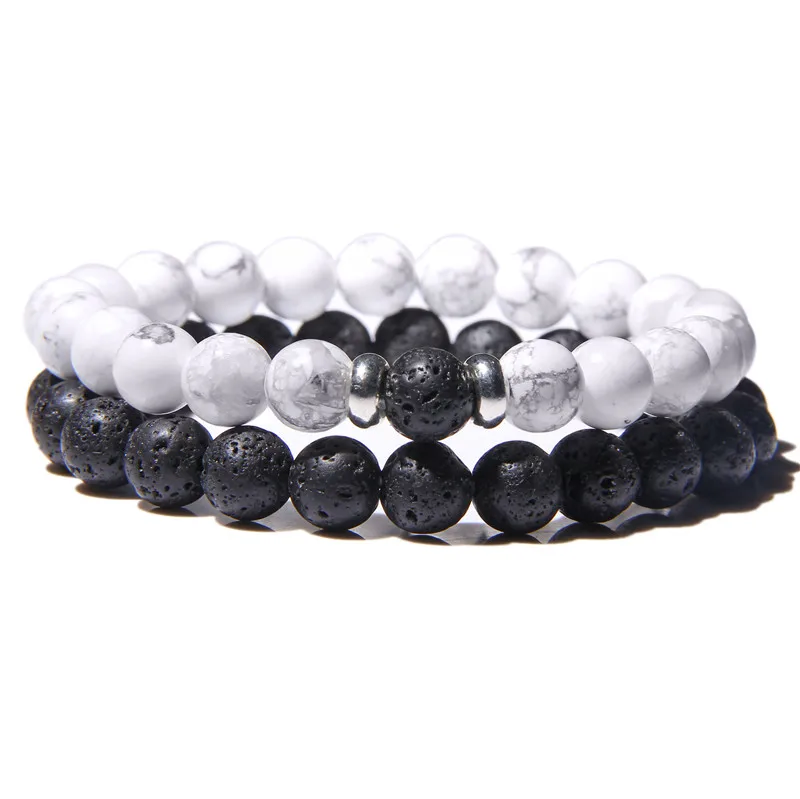 2Pcs/Set Couples Distance Bracelets male Black Lava Stone Beads bracelet female wood beads Charm Bracelets Women Men bracelet