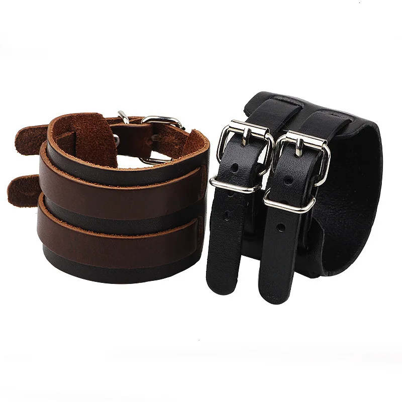 

Vintage Double Belt Leather Wrist Friendship Big Wide Bracelet For Men Buckle Vintage Punk Bracelets & Bangles Male Gift Jewelry