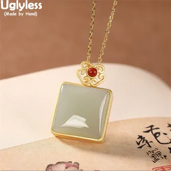 

Uglyless Minimalist Square Gemstones Necklaces for Women Antioxidant Gold 925 Silver Jewelry Jade Geometric Pendants + Chains