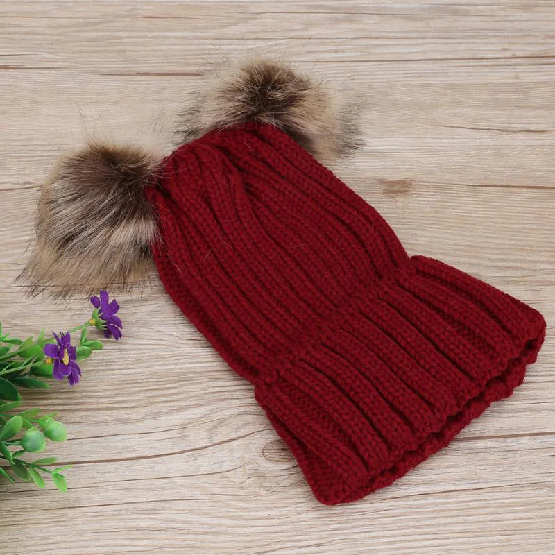 Двойные шапки с бубоном для родителей и женщин, зимние помпоны, вязаные милые шапки, мягкие шапочки, модные шапки, шапочки для женщин - Цвет: Красный