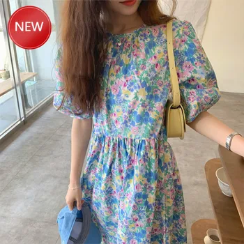 

Floral Dress2020 Women Summer Sweet Oil Panting Flower Long Dress High Waist Puff Sleeve Pullover Pleat Dresses Woman Clothing