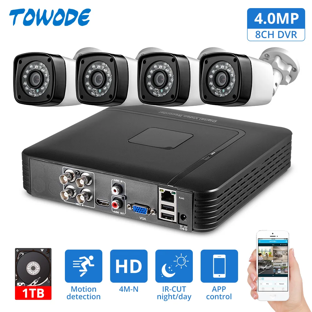 

Towode 4MP 4CH APP PC Remote Monitoring Security DVR with AHD Outdoor Waterproof Auto motion detection Alarm Camera