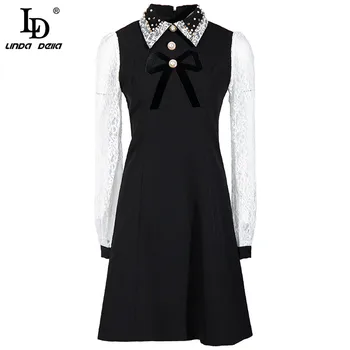 

LD LINDA DELLA Fashion Runway Autumn Mini Dress Women's Turn-down Collar Lace Long Sleeve Beading Elegant Little Black Dresses