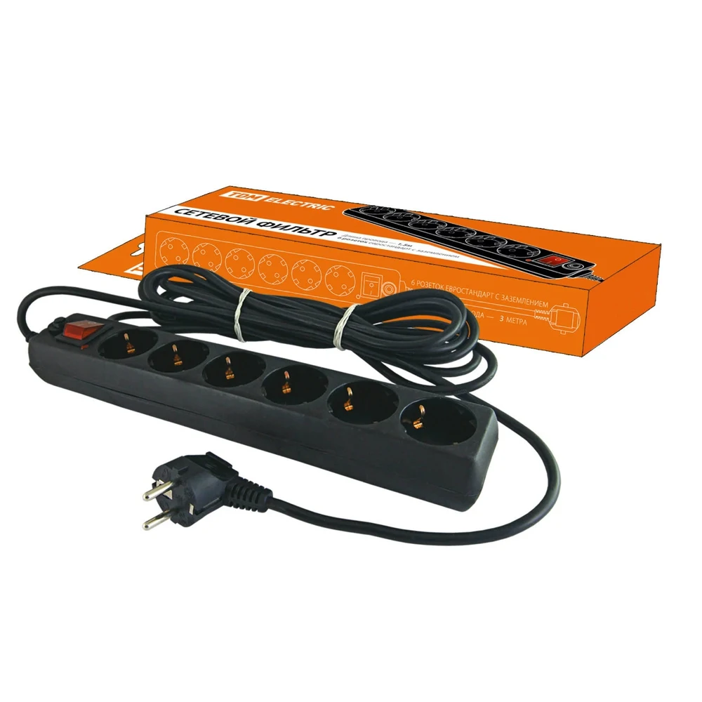 Power filter TDM SQ1304-0012 SF-06V switch 6-socket 3m with grounding PVA 3x1mm2 16A / 250V Computer Office Electrical Socket Plugs Adapters