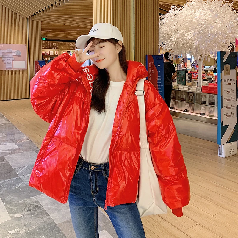 Новинка, зимний женский пуховик большого размера, короткая хлопковая одежда, однотонное пальто, корейский стиль, свободный сервис для женщин - Цвет: Красный
