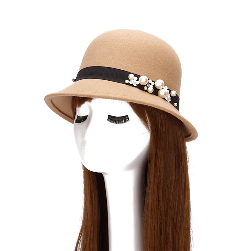 Новейшая осенне-зимняя дамская шляпа Федора короткий край с жемчужной фетровой шляпой для женщин Черная Панама