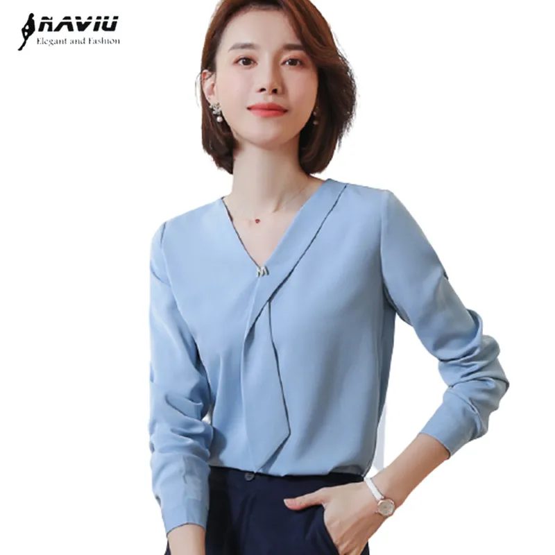Light Blue Shirt Women New Spring Elegant V Neck Ruffles Chiffon Long Sleeve Blouses Office Ladies Foraml Work Tops White |