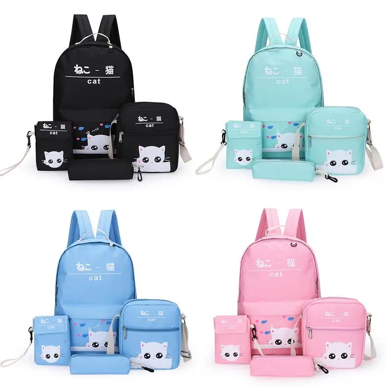 

4PCS A Set Backpack Japan Korean Fashion Cartoon Cute Cat Bag Small Print Preppy Style Student School Backpacks For Teenage Girl