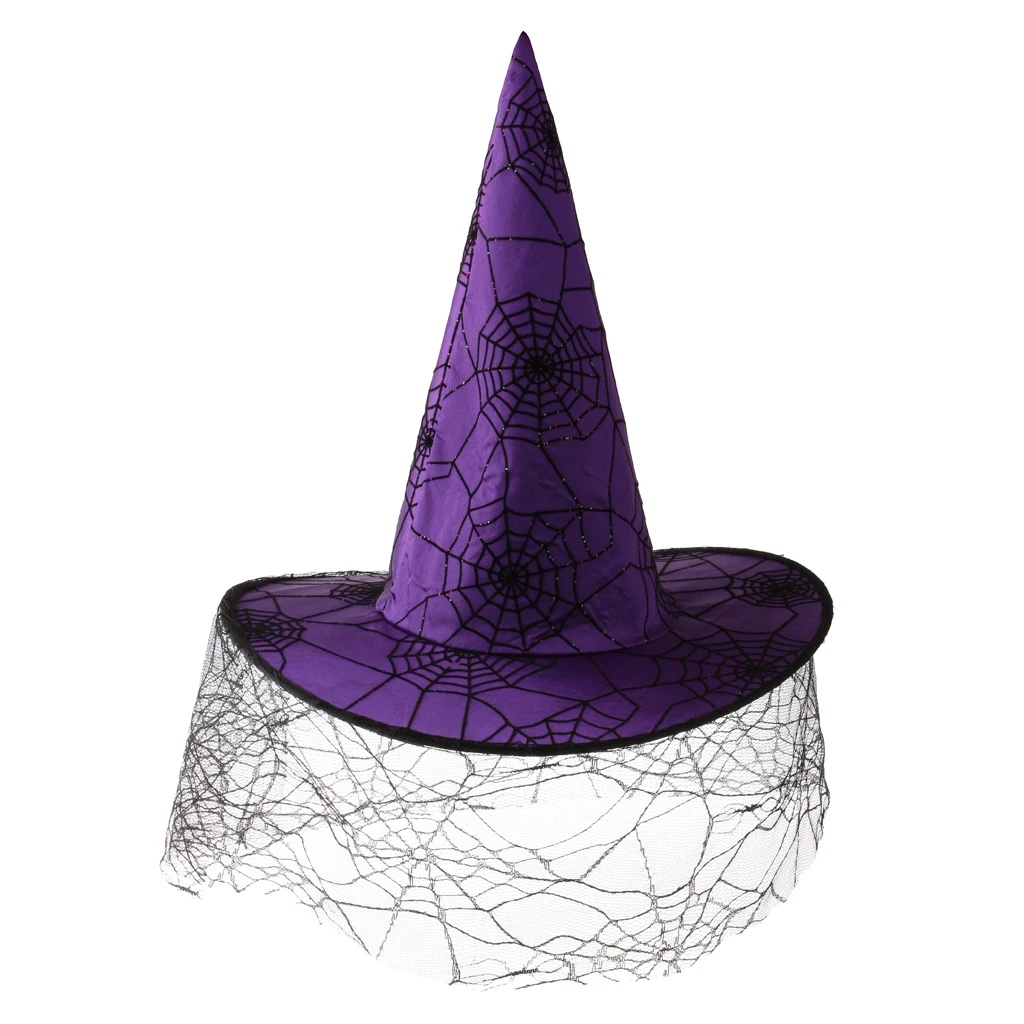 Women Girls Halloween Peaked Cap Veil Spiderweb Purple Satin Witch Hat Party Costume Accessory Women Girls Halloween Peaked Cap Veil Spiderweb Purple Satin Witch Hat Party Costume Accessory