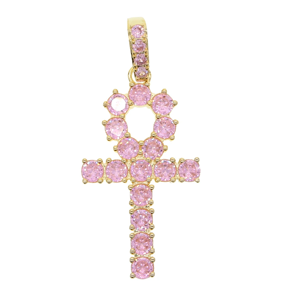16" Pink cz tennis necklace with cross pendant for women gold rose gold pinky cz girl women hip hop jewelry - Окраска металла: N464-G
