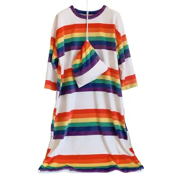 

Women Winter Warm Nightgown Thicken Flannel Rainbow Stripes Pajamas Sleepwear