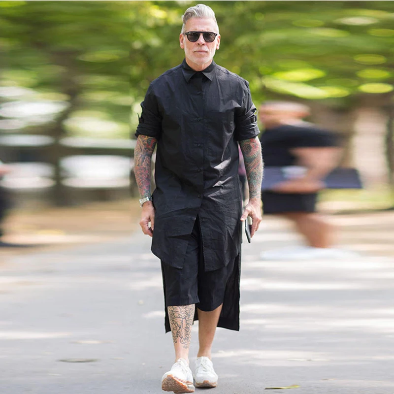 

Dark black front short long super long sleeve shirt large size shirt personality robe jacket tide male lazy wind