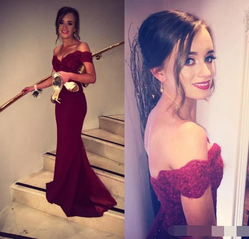 

Vestidos 2019 Sexy Burgundy Evening Dresses Mermaid Off the Shoulder Lace Satin Prom Dresses Long Evening Gowns evening dress