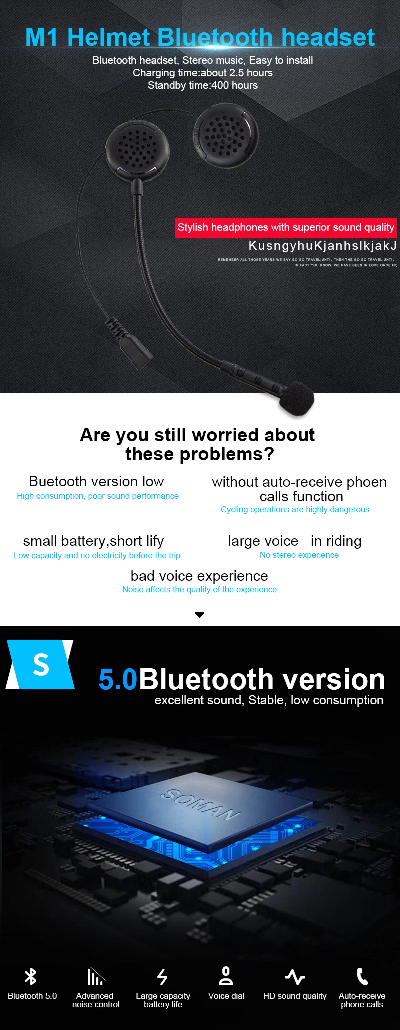 Soman Bluetooth гарнитура для мотоциклетного шлема водонепроницаемые беспроводные наушники высокое качество звука стерео Bluetooth наушники для шлема