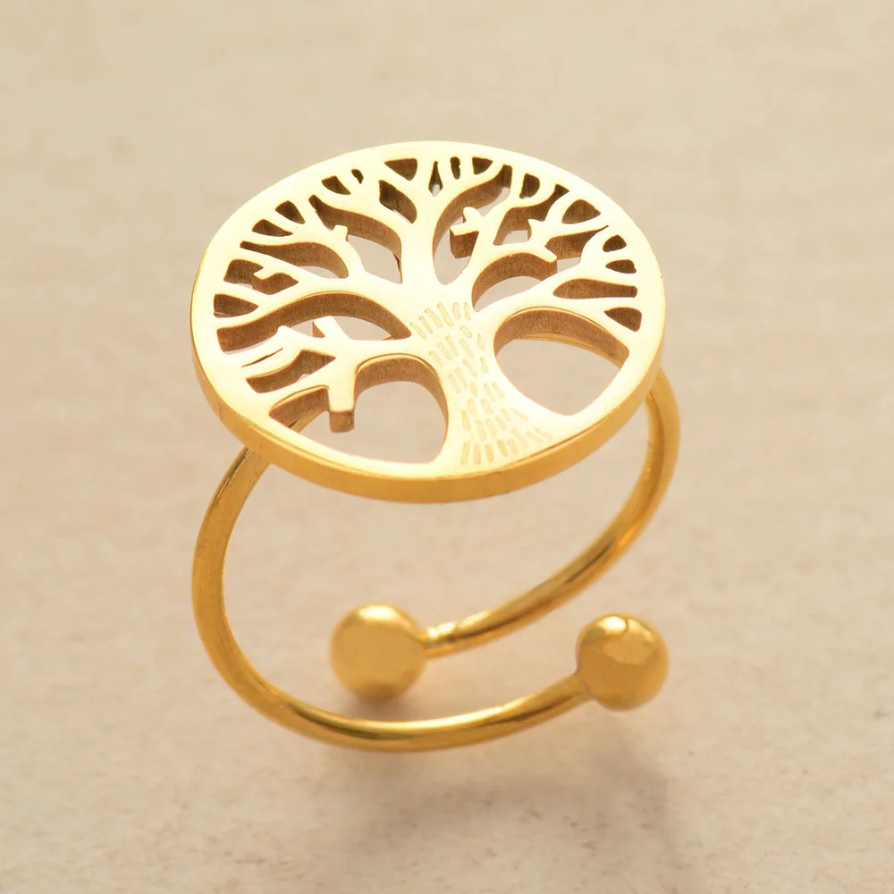 Simple Fashion Adjustable Finger Rings Gold Color Tree Charm Teengirl Women Cocktail Stainless Steel Ring Jewelry
