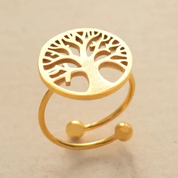 Simple Fashion Adjustable Finger Rings Gold Color Tree Charm Teengirl Women Cocktail Stainless Steel Ring  Jewelry