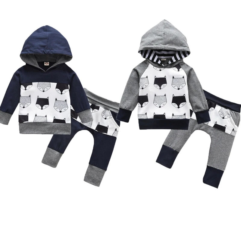 Одежда для маленьких мальчиков хлопковый свитер с капюшоном и принтом лисы+ длинные штаны