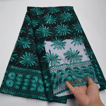 

Black/Green African Net Lace Fabric High Quality Embroidered Stones Nigerian French Tulle Mesh Lace for Party Swiss Voile Lace