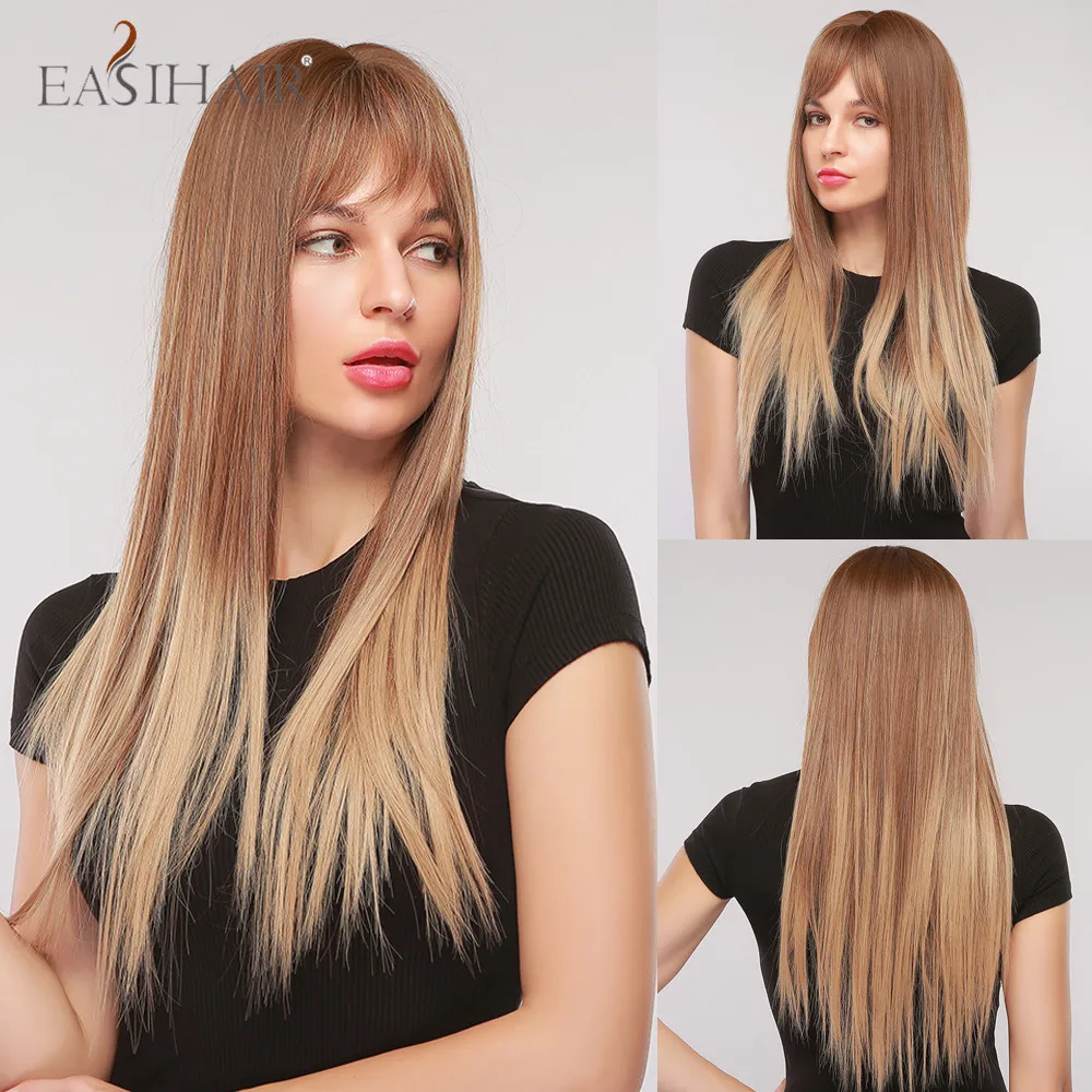 EASIHAIR Long Straight Ombre Brown Wigs With Bangs Heat Resistant Synthetic for Black Women Cosplay Natural Hair | Шиньоны и парики