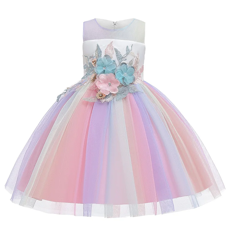 Новое свадебное платье принцессы с цветочным рисунком для девочек детское рождественское платье детское платье без рукавов на день рождения для маленьких девочек, розовое и зеленое платье - Цвет: Shrimp powder