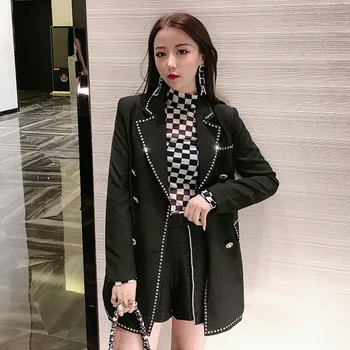 

Korea 2020 New Heavy Industry Luxury Rhinestone Sleeves Solid Color Suit Autumn Jacket Female Temperament Wild Suit PC194