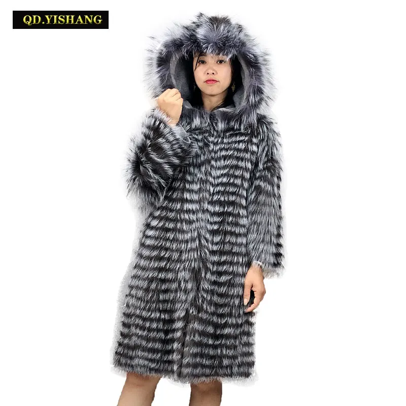 Натуральное меховое пальто из лисьего меха, Женское зимнее теплое пальто из лисьего меха с капюшоном, длинное пальто с капюшоном QD. YISHANG