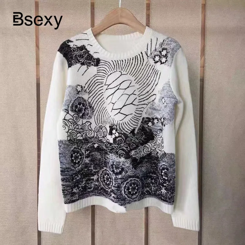 

2020 Spring New Brand Designer Runway Sweater Women O-neck Painting Embroidery Pattern PUllover Ladies Jumper