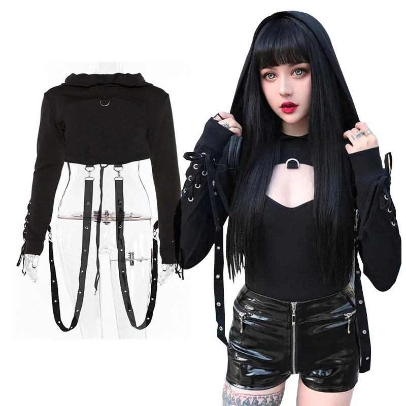 Women Fashion Black Gothic Hoodie Crop Top Rivet Straps Cosplay Costume short sweatshirt Halloween costume | Тематическая одежда и