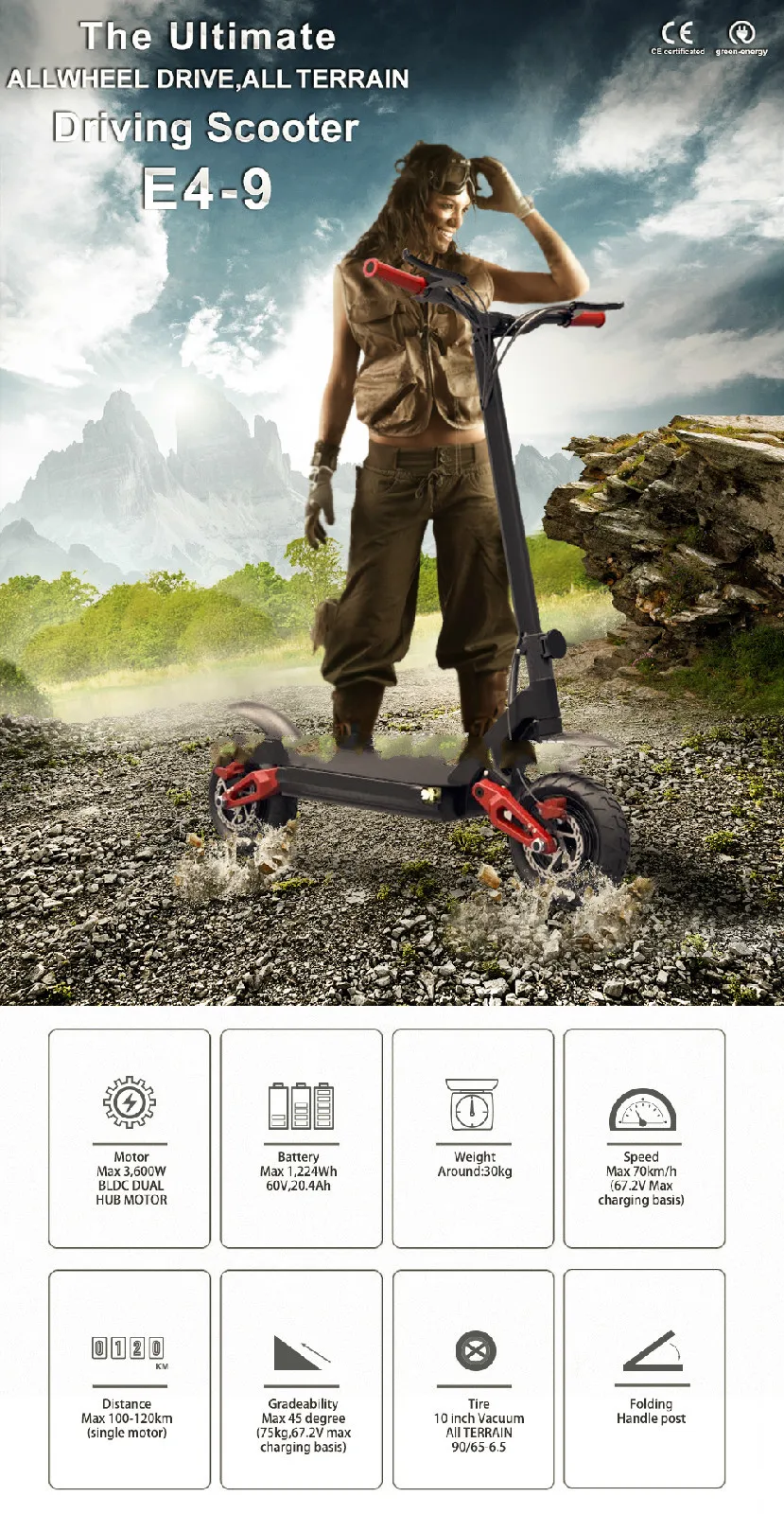 Excellent Fast speed two wheel electric scooters, off road adult electric scooter dual motor E4-9 5