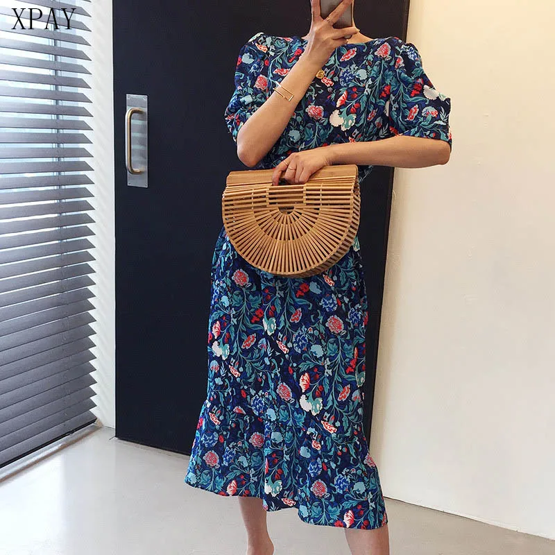 

Women Dress 2020 Summer New Short Sleeve Sexy O Neck Midi Dress Robe Female Floral Print Boho Beach Fishtail Dresses Sundress
