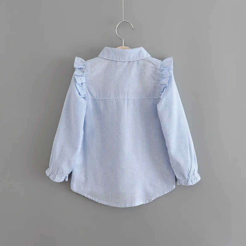 1838 Вэнь детская одежда в европейском и американском стиле; сезон весна-осень; новая стильная рубашка с длинными рукавами в синюю полоску с вышивкой для девочек;