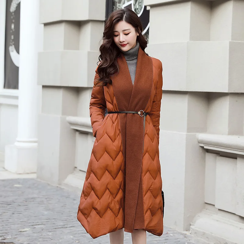 

2019 Winter New Style Korean-style Waist Hugging Stitching Cotton-padded Clothes Mid-length Slimming Elegant Irregular Hem Cotto