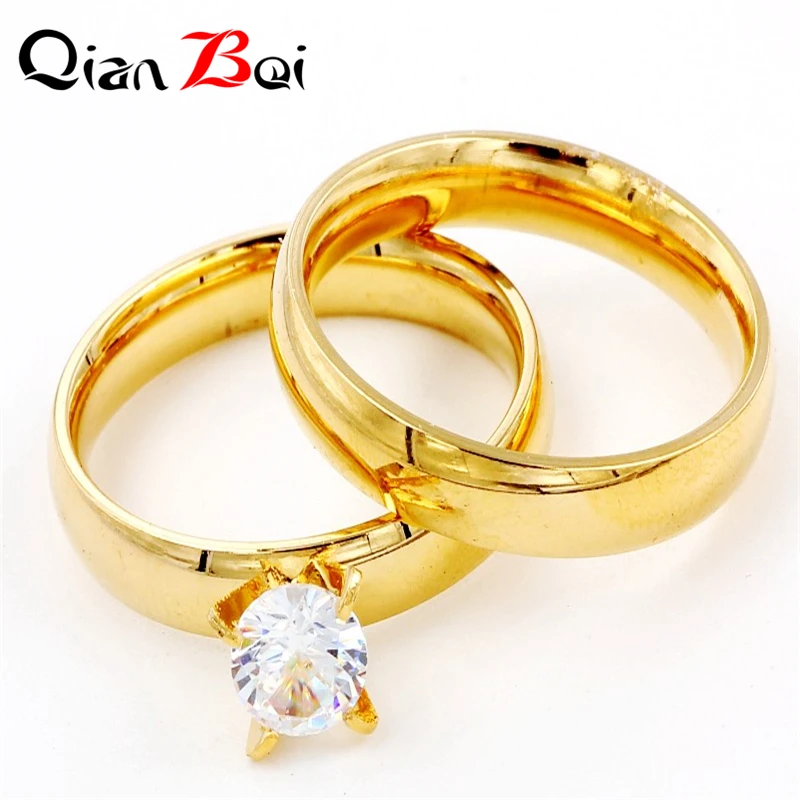 2pcs 4mm Zircon Couple Rings – Men’s Stainless Steel & Women’s Gold Jewelry