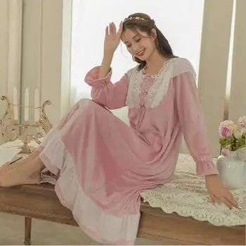 

Women Winter Thicken Long Style Velvet Vintage Nightgown Lace Square Collar Girls Sweet Full Sleeves Nightie Solid Home Dress