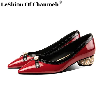 

Size 34-42 Real Cow Leather Pumps Women Crystal Rhinestone Jewelry Pearls Heels Party Shoes Bride Ladies Shallow Red Black Heels