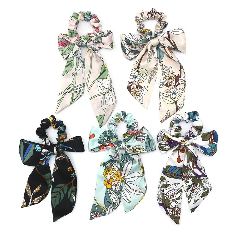 

Chiffon Streamers Bow Scrunchies For Women Floral Print Hair Tie Elastic Rubber Band Ponytail Holder Gum For Hair Accessories