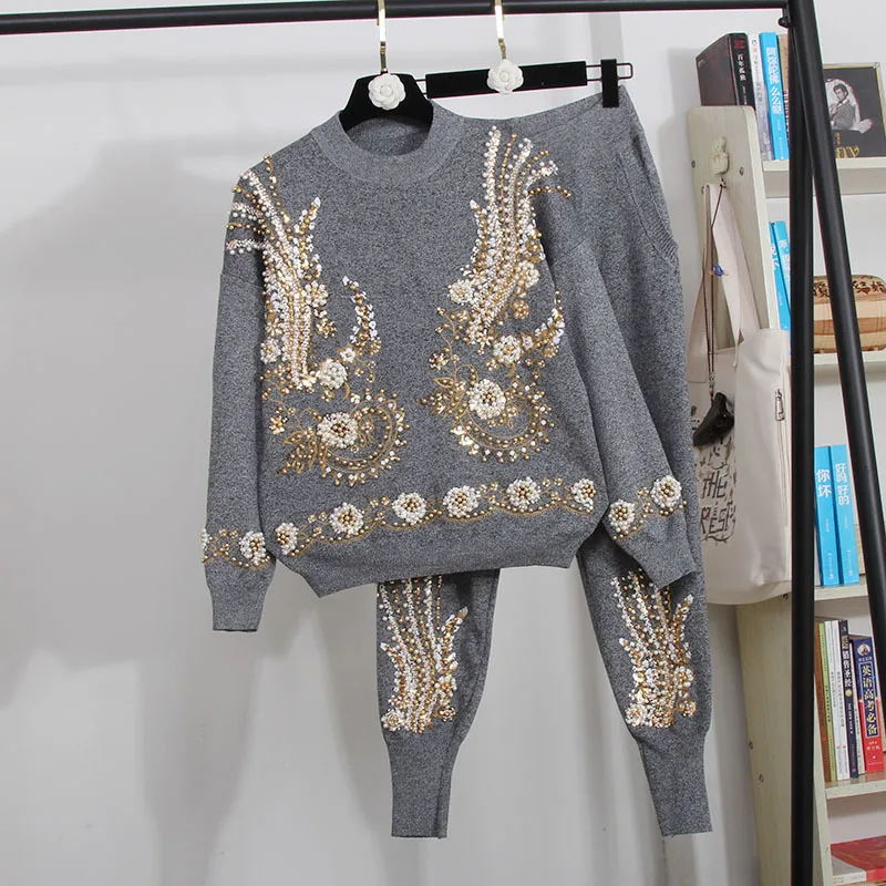 Женский вязаный свитер ручной работы с бисером и блестками+ брюки, комплект одежды из 2 предметов, Женский Повседневный пуловер, топ и штаны, комплект для женщин