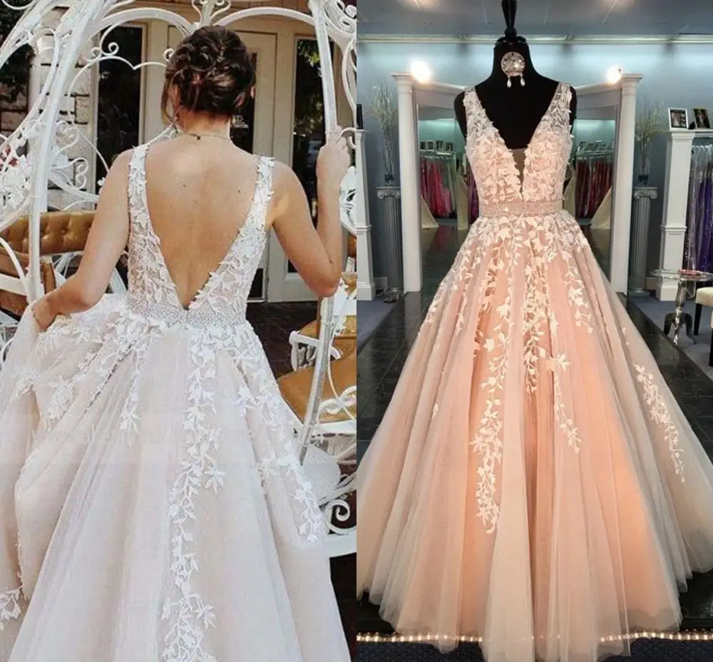 

Chic Beautiful Prom Dresses Long A-line V neck Applique Pageant Evening Gowns Beading Sash Peach Formal Dress vestidos de noiva