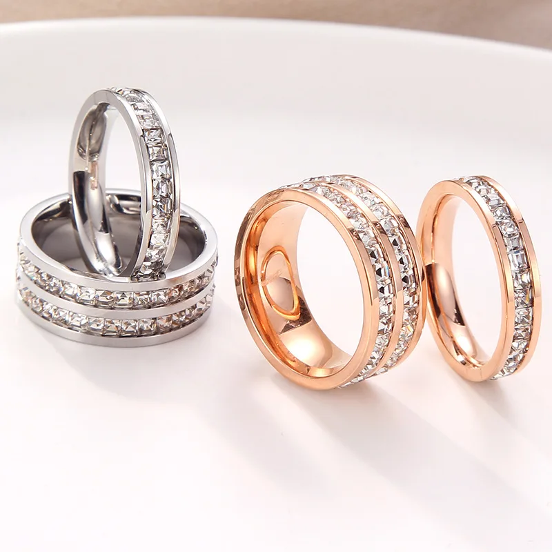 Double Crystal Woman Fashion Ring Rose Gold Filled Titanium Steel Rings for Women Finger Rings Fashion Rings Fashion Ring Crystal Rings Metal Rings Titanium Steel Rings